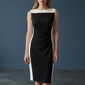 Ralph Lauren Black and White Sleeveless Side Ruched Sheath Dress - Size 6